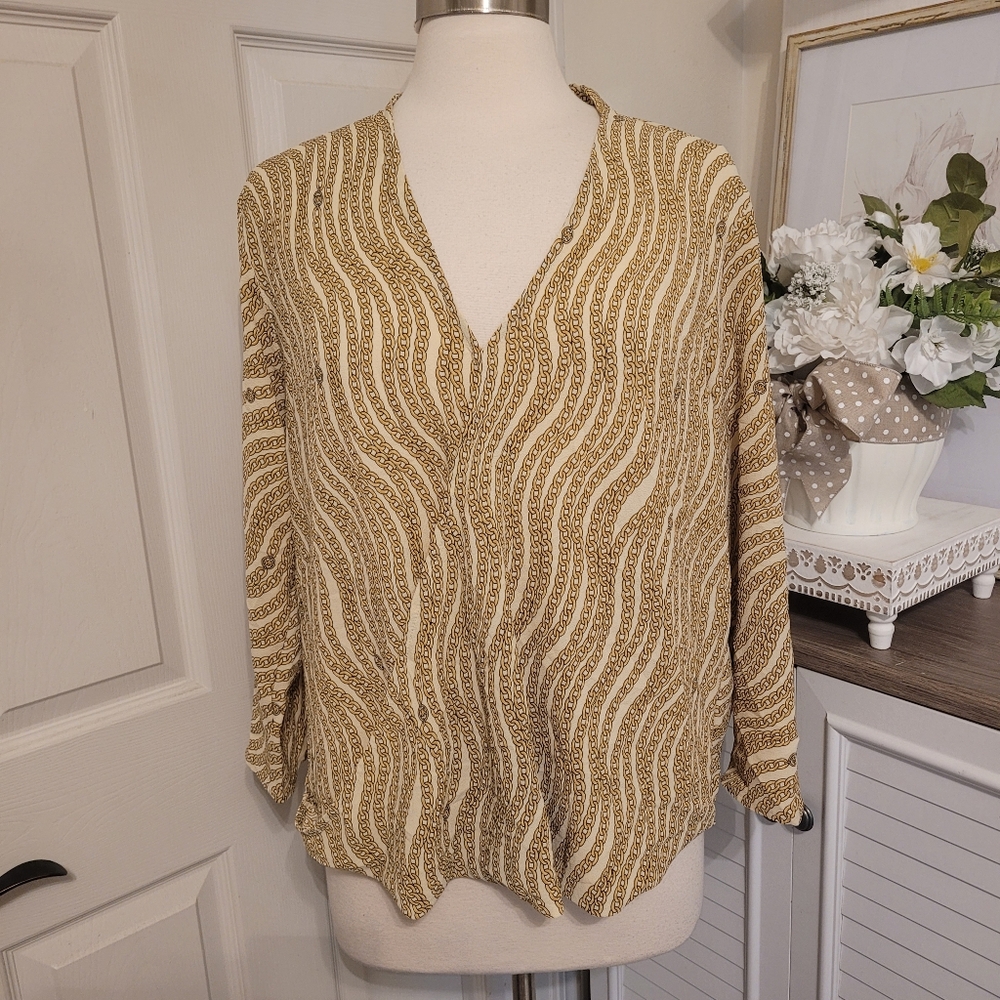 MICHAEL Michael Kors ivory gold chain print surplice hi-lo 3/4 sleeve V-neck XL